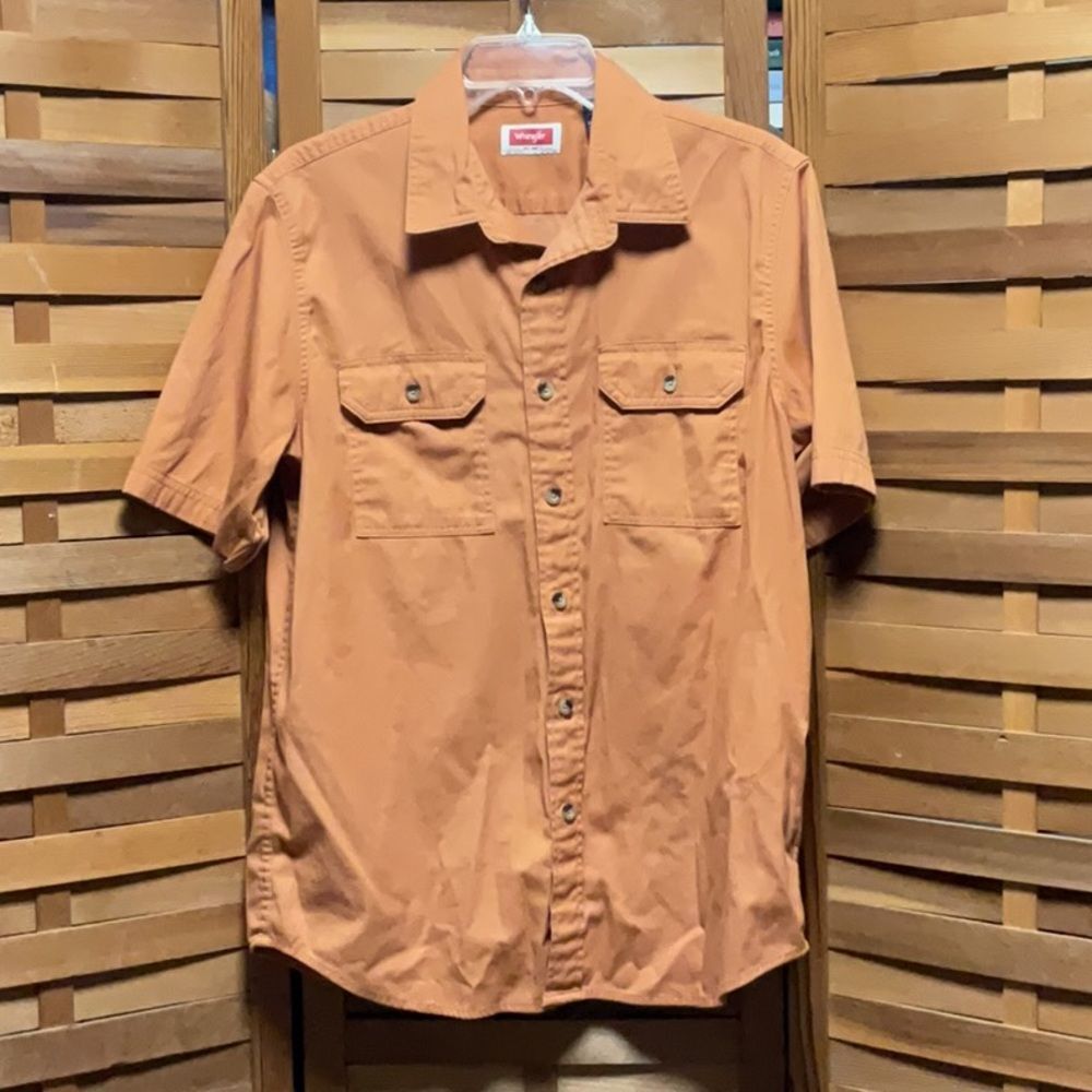 Wrangler Orange Casual Button Down Shirt Men M Western Top Short Sleeve Cotton